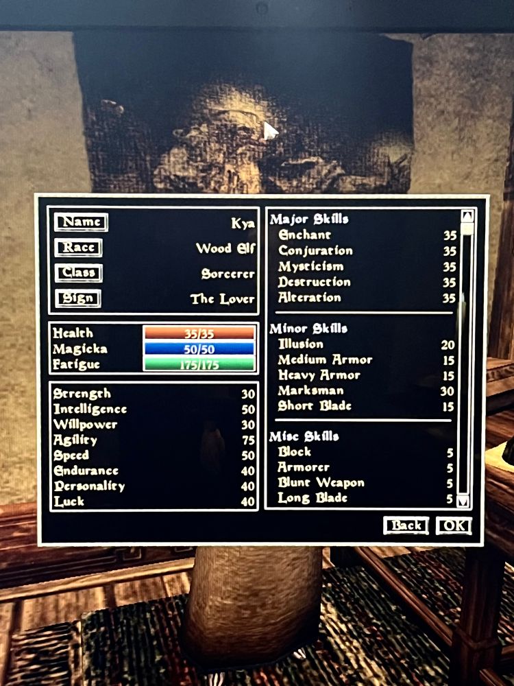 Elder Scrolls Morrowind screenshot displaying “
Health
Magicka
Strength
Fatigue

Intelligence

Willpower

Agility

Speed

Endurance

Personality

Luck

Kya
Wood elf
Sorcerer
The Lover
50/50
75175
30
50
30
75
50
40
40
40
Major Skills
Enchant


Conjurarion
35

Myscicism
35

Destruction
35

Alterarion
35

Minor Skills


Illusion
Medium Armor


Heavy Armor


Marksman


Short Blade
15


Block
5

Armorer
5

Blune Weapon
5

Long Blade”