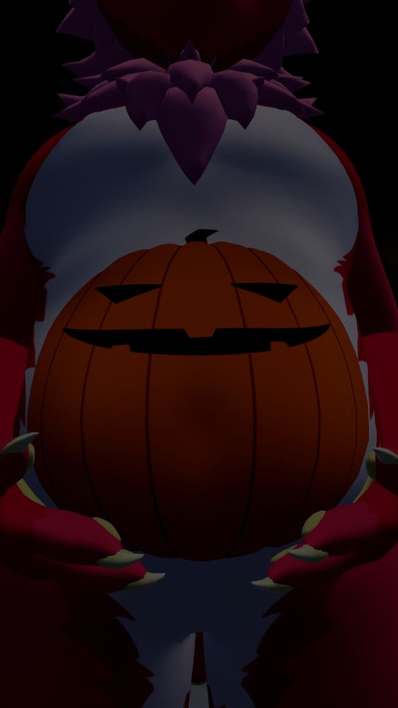 a three-quarters view of a fat pink nardo with a white belly with an orange jack-o'-lantern painted on, with the nardo's paws hefting it up slightly. the camera is at belly-level