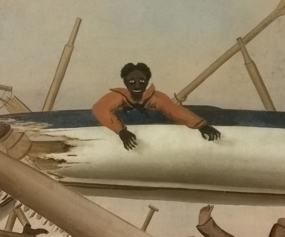 Close up of a painting of a whaling fiasco