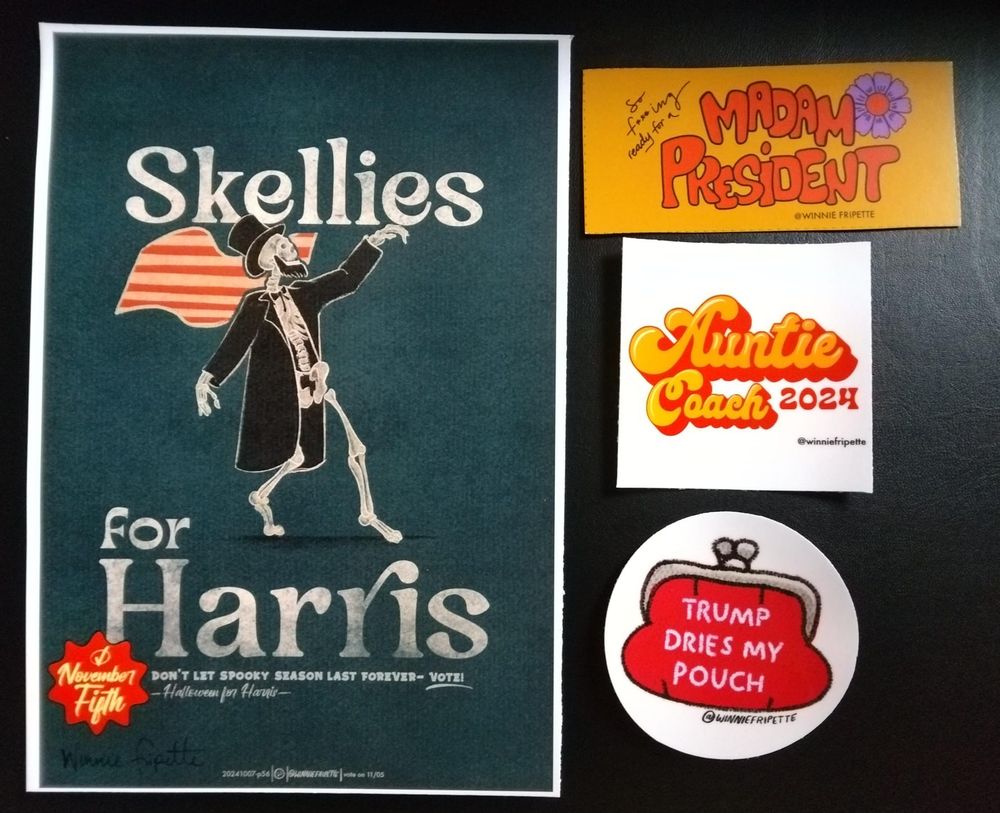 A "Skellies for Harris" poster, and stickers, from the artist Winnie Fripette .