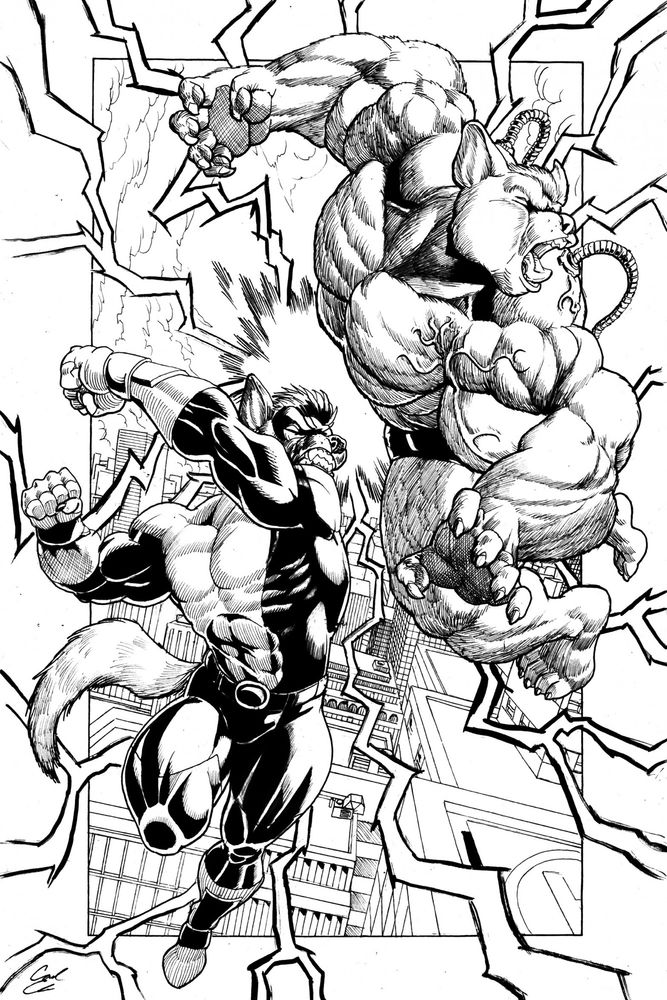 A pair of super-powered anthropomorphic dogs duke it out in the sky over a city