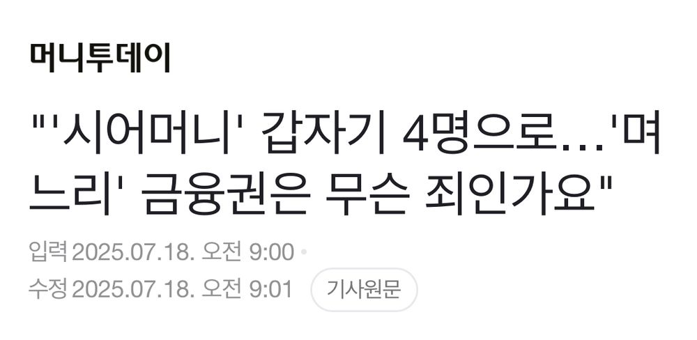 머니투데이 기사 제목 : ‘시어머니’ 갑자기 4명으로... ‘며느리’ 금융권은 무슨 죄인가요