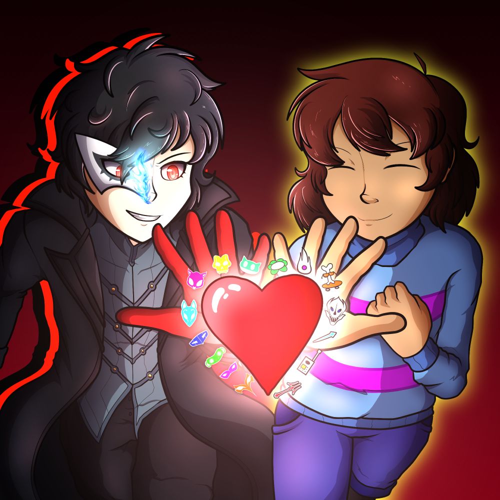 Joker (aka Ren Amamiya) and The Human (AKA Frisk) reaching out towards the Determination Soul with Fragments of their friends surrounding it.

Morgana (Mona)
Ryuji Sakamoto (Skull)
Ann Takamaki (Panther)
Yusuke Kitagawa (Fox)
Makoto Nijima (Queen)
Futaba Sakura (Oracle/Navi)
Goro Akechi (Crow)
Flowey/Asriel Dreemurr
Toriel Dreemurr
Papyrus
Sans 
Undyne
Alphys / Metaton
Asgore Dreemurr