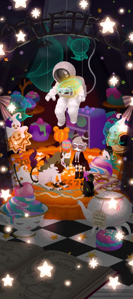 リヴリースクショ。黒背景、市松模様の床にパンプキンパイ。星、お化け、宇宙飛行士が浮かんでいる。
