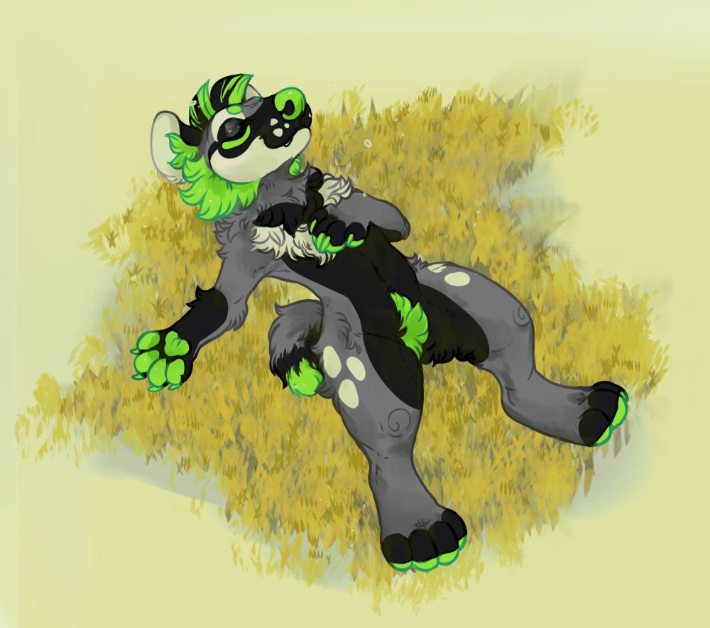 furry laying in grass drawing