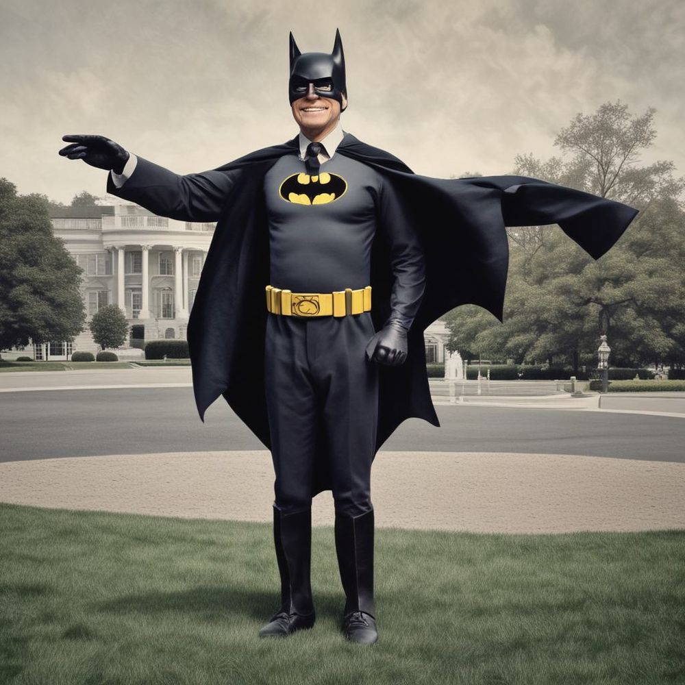 An AI image of President Jimmy Carter costumed as the hero Batman and waving with a smile while standing in front of the presidential White House.