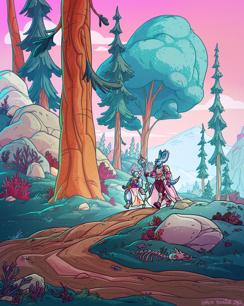 An ankylosaurus and chasmosaurus dink knight going for a stroll in a landscape with tall trees, rocks and distant hills. All in pinks, red-browns, blues and greens. 