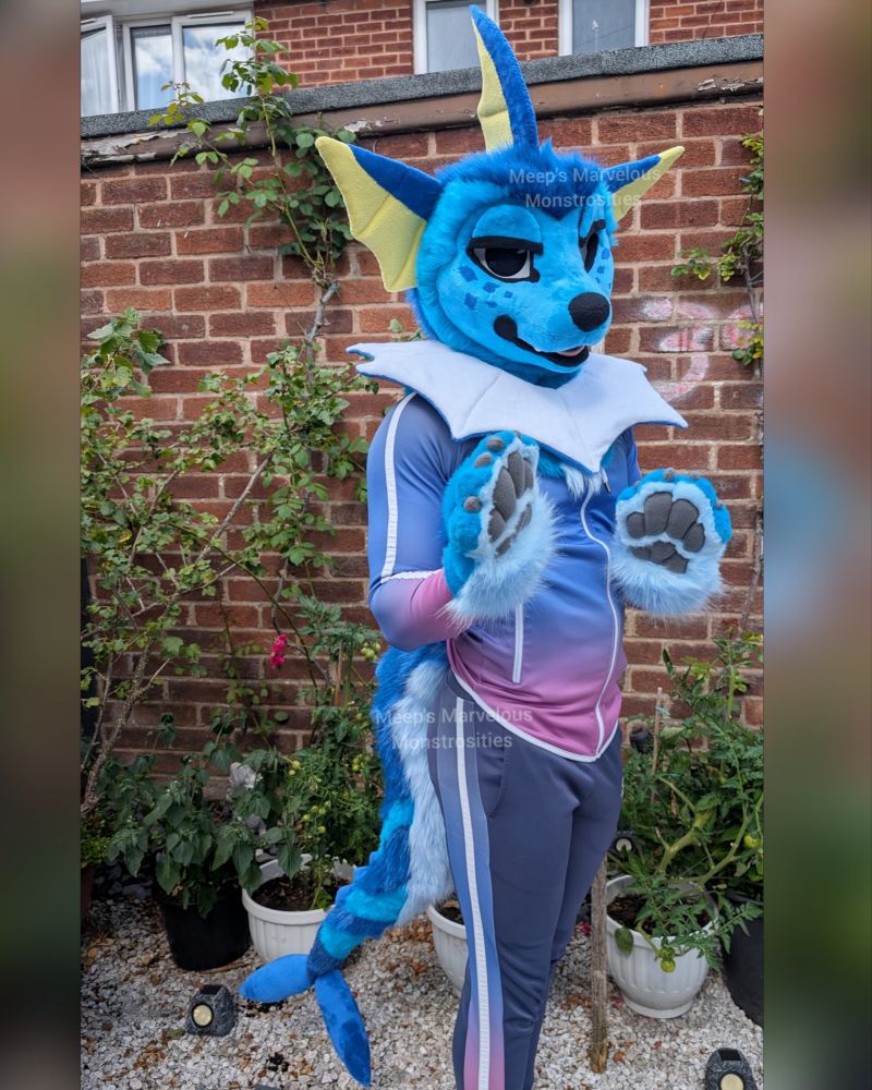 Blue vaporeon fursuit with beans and long tail 