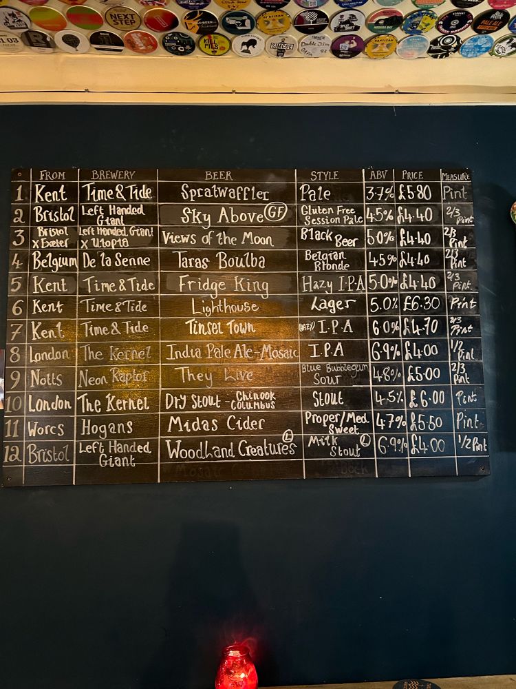 A blackboard showing the selection of beers available in my local tap room