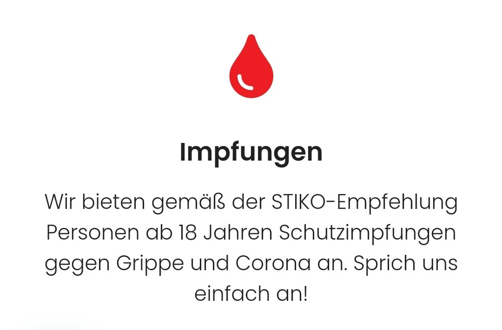 Screenshot von der Webseite der Apotheke, roter Blutstropfen, darunter die Überschrift Impfungen, darunter folgend die Ankündigung zur Impfung gemäß Stikoempfehlung, Impfungen gegen Grippe und Influenza ab 18 Jahren.