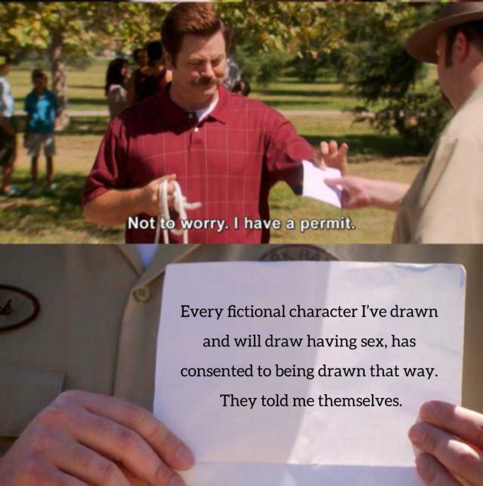 Parks and rec meme criticizing the latest bluesky terms of service regarding consent in art