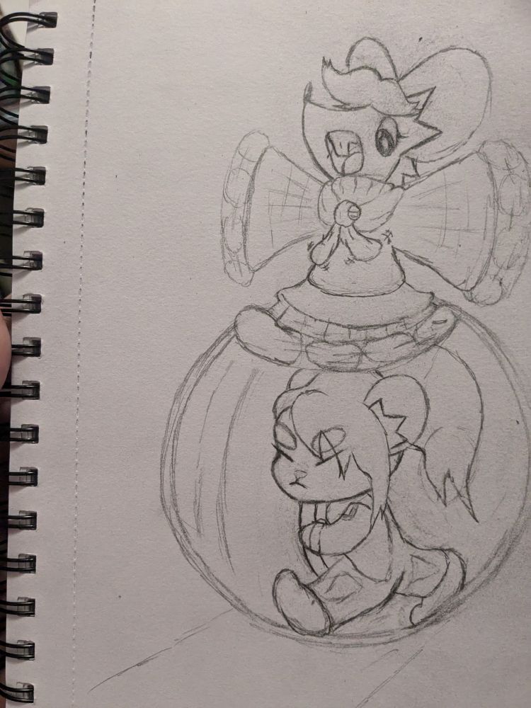 Ashley from resident evil 4 as a mouse (moushley) balancing on top of Samus as a hamster (hamus) in a hamster ball