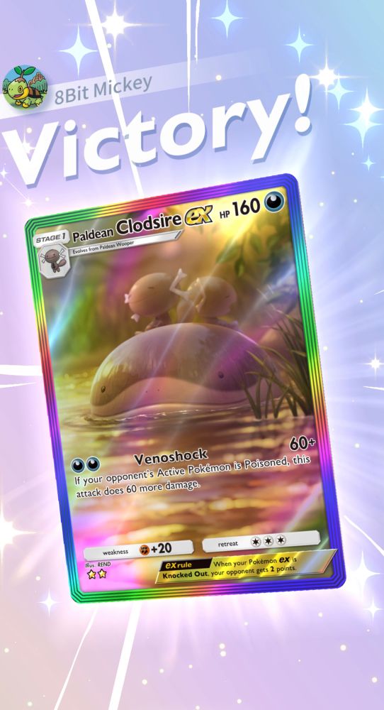 A vibrant Pokémon card featuring Paldean Clodsire EX is prominently displayed against a pastel purple background with sparkling star effects. The card has a holographic rainbow border and showcases Paldean Clodsire, a Stage 1 Pokémon evolved from Paldean Wooper, with 160 HP. The artwork depicts Clodsire, a large, brown, salamander-like creature with a smaller Wooper on its back, standing in shallow water with reeds in the background. The card's attack, "Venoshock," deals 60+ damage and states, "If your opponent's Active Pokémon is Poisoned, this attack does 60 more damage." Additional details include a weakness to Grass-type attacks with a +20 damage modifier, a retreat cost of three energy, and an EX Rule box noting that knocking out an EX Pokémon grants the opponent 2 points. Above the card, the text "8BIT MICKEY VICTORY!" is written in bold white letters, accompanied by a small circular icon of a Turtwig, a Grass-type Pokémon, in the top left corner.