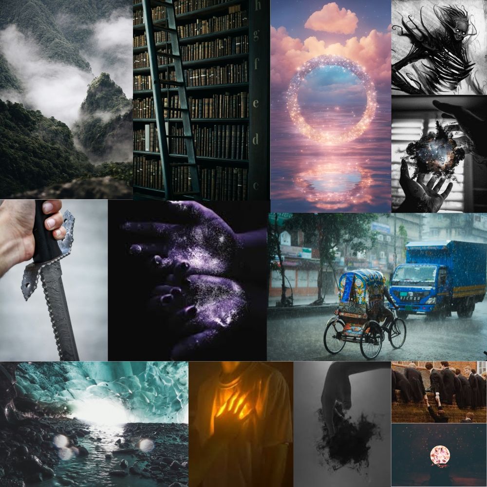 Mood board of dark libraries, dark magic, shadow creatures, swords, misty dark forest, portals, a group of friends and Mumbai in the rain.