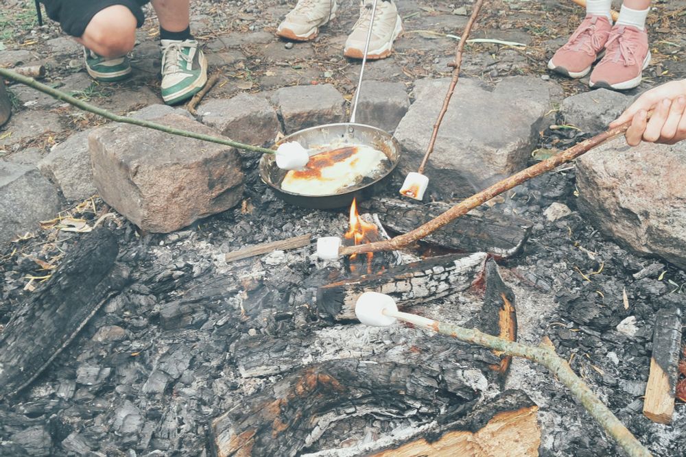 Outside, a large open fireplace, we see the hands and feet of people holding sticks with marshmellows. One person is frying the last pancake.