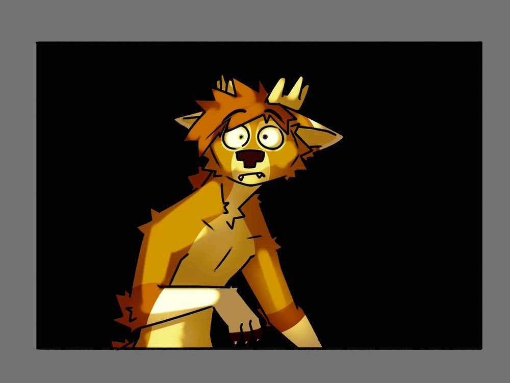 A deer dragon hybrid with a surprised but otherwise blank expression. Their body is illuminated by headlights against a dark background.