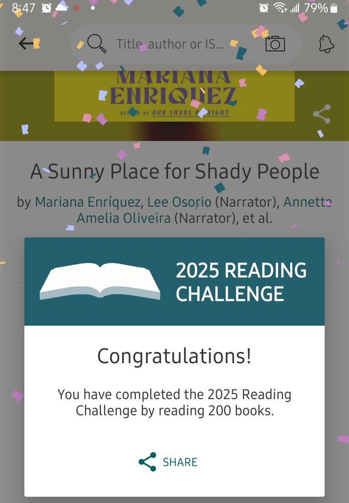 Congratulations! You have completed the 2025 Reading Challenge by reading 200 books! (Goodreads confetti announcement)