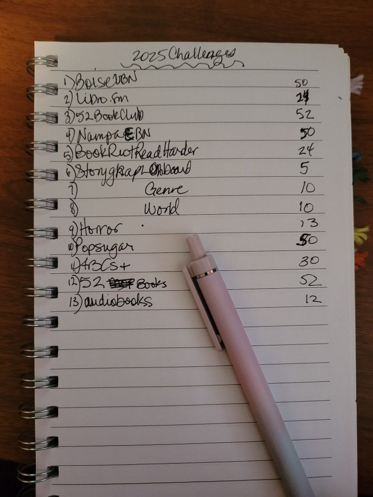 Notebook and pen. List of my 2025 Reading Challenges. 