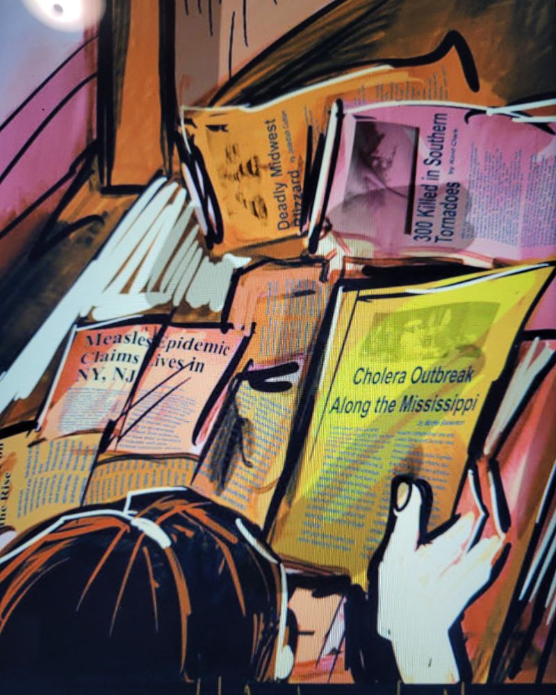 Panel from Parable of the Sower:Graphic Novel Adaptation. Headlines about measles epidemic, cholera, tornadoes, blizzards, all from the 'future' date of Wed. March 5th, 2025.