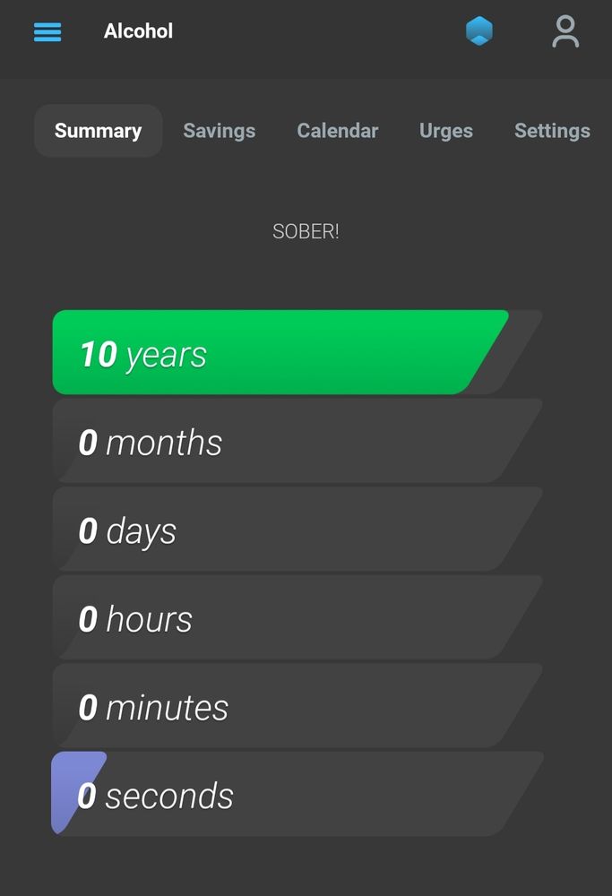 A counter app that tracks how long I've been sober. 10y,0m,0d,0h,0minutes,0seconds