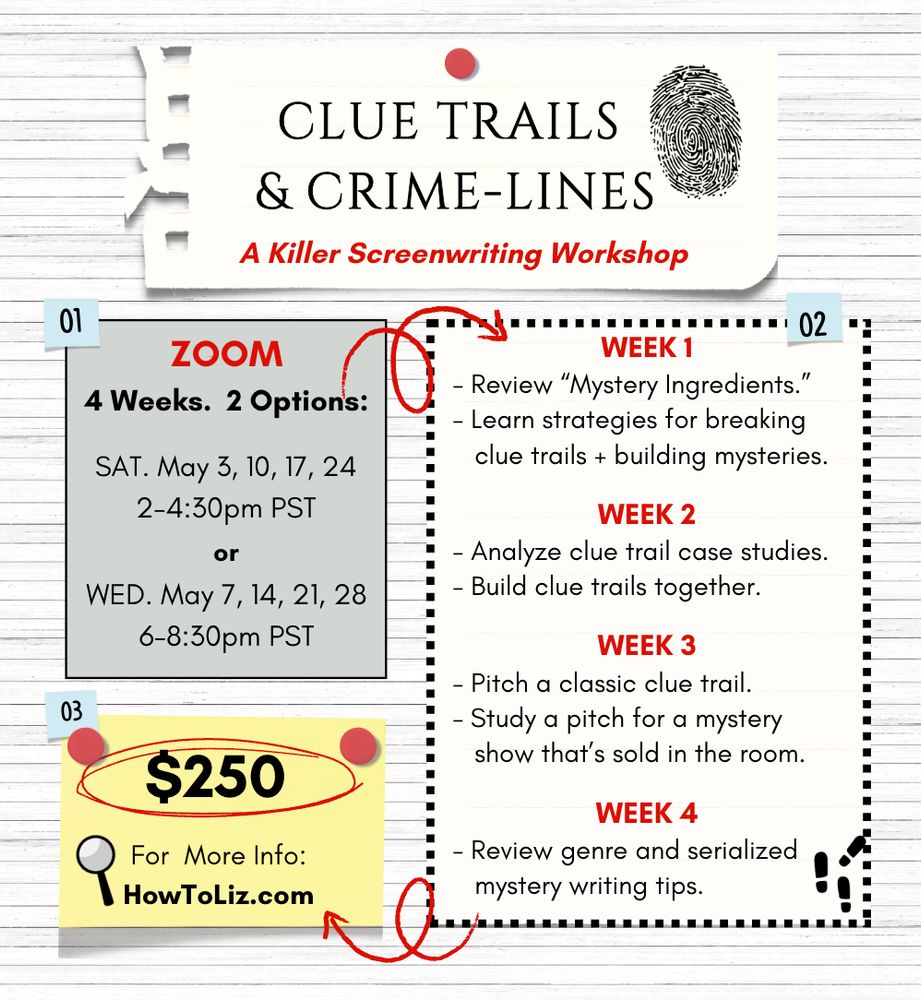 An image graphic listing information about a class: CLUE TRAILS & CRIME-LINES: A Killer Screenwriting Workshop. Zoom. 4 weeks. 2 options. Saturday May 3, 10, 17, 24, 2-4:30pm PST or Wednesday May 7, 14, 21, 28, 6-8:30pm PST. WEEK 1 Review "mystery ingredients." Learn strategies for breaking clue trails and building mysteries. WEEK 2 Analyze clue trail case studies. Build clue trails together. WEEK 3 Pitch a classic clue trail. Study a pitch for a mystery show that's sold in the room. WEEK 4 Review genre and serialized mystery writing tips. $250. For more info: HowToLiz.com
