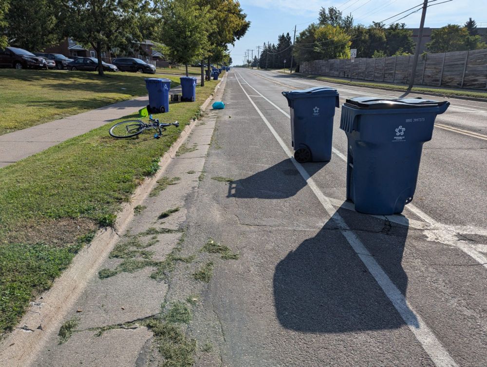 The bins are now upright and in the painted buffer space between the bike lane and car lane