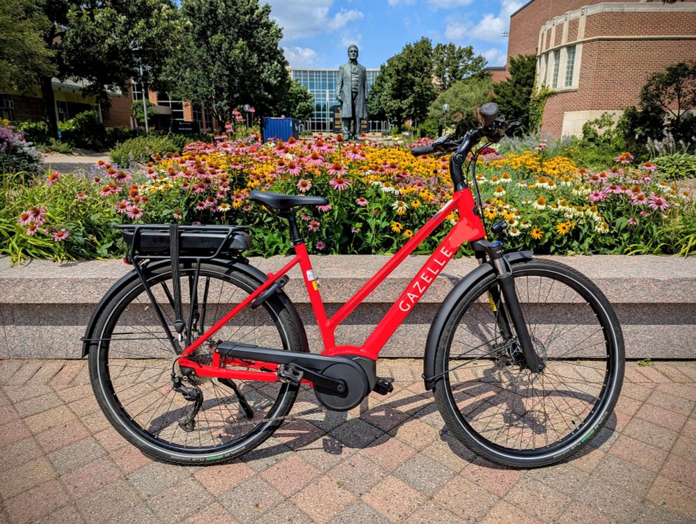 A red bike is parked in front of colorful flowers.