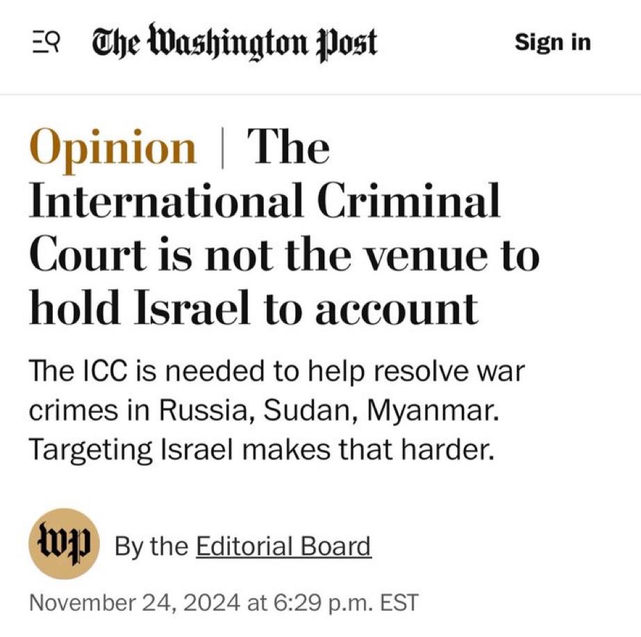 Washington post editorial board: the international criminal court is not the fifth place to hold Israel to account
The icc is needed to help resolve war crimes in Russia, Sudan, Myanmar. Targeting Israel makes that harder.