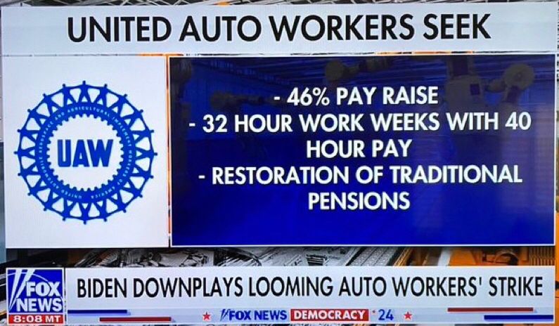 United autoworkers seek:
46% pay raise
32 glue work weeks with 40 hour pay
Restoration of traditional pensions