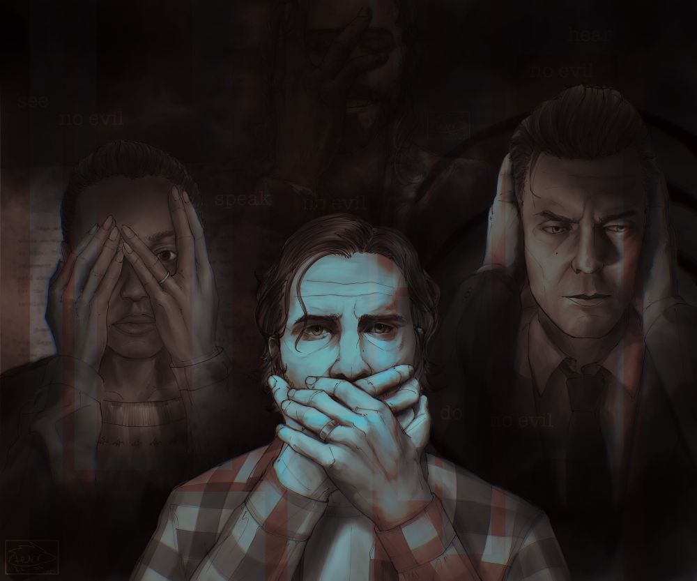 Alan Wake, Saga Anderson and Alex Casey set over a dark background. Saga covers her eyes though she peaks through her hand, Alan stares forward with his hands covering his mouth. Casey’s glance is to the side, covering both ears. Behind Saga is a manuscript page while a spiral is set behind Casey. In the background, Scratch is using one hand to cover half of his face. He has an evil sort of grin