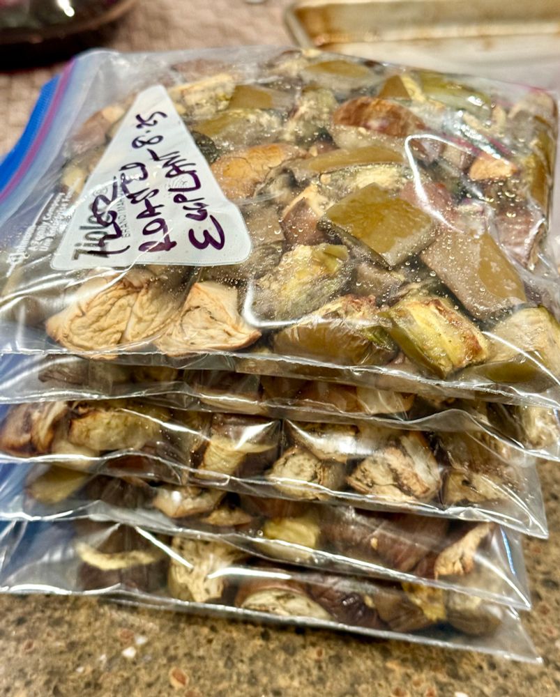 A stack of flat packed quart freezer bags of the finished products labeled and dated and ready for the freezer.