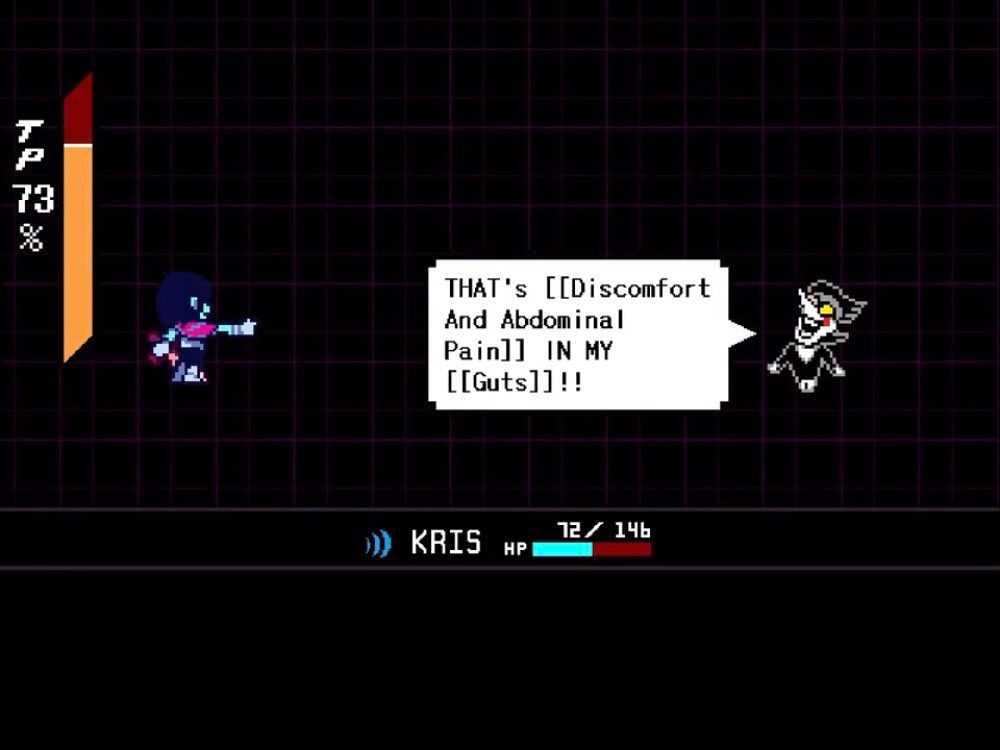 A screenshot from Deltarune of chapter 2 with Kris fighting Spamton, where Spamton is saying:

THAT'S [[Discomfort And Abdominal Pain]] IN MY [[Guts]]!!