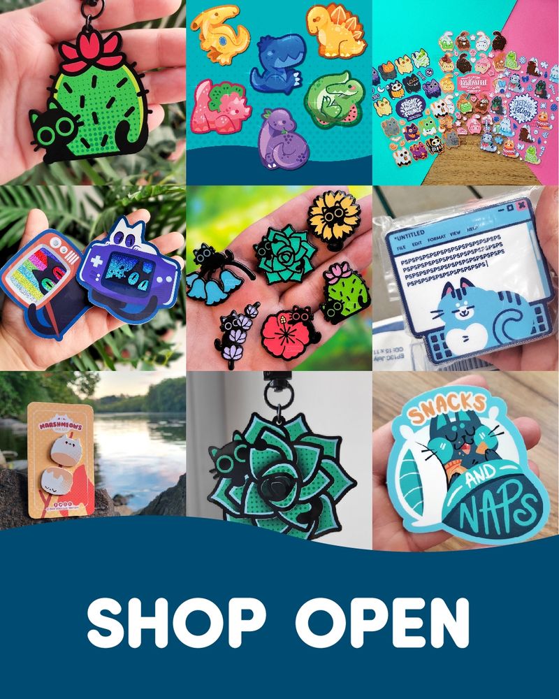 a promotional graphic for Zandra Illustration's July Shop Update. It reads "Shop OPEN" on the bottom with a variety of product photos shown in the middle. The Shop Update features pins, keychains, stickers, and sticker sheet designs.