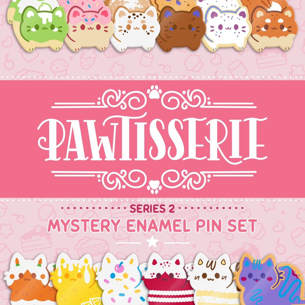 A graphic showcasing 12 cute cat enamel pin designs in rows on the top and bottom. The cat pin designs are all inspired by different sweet treats and include: Zebra the zebra cake cat, Donut the pink donut cat, Velvet the red velvet cake cat, Key Lime the key lime pie cat, Plum Pie the pie cat, Carrot the carrot cake cat, Cannoli the cannoli cat, Pumpkin the pumpkin pie cat, Lemon Drizzle the lemon cake cat, Confetti the cupcake with sprinkles cat, Blueberry the white poptart cat, and Wildberry the purple poptart cat. In the middle is a pink banner with the Pawtisserie logo. Underneath it says “series 2 mystery enamel pin set.”