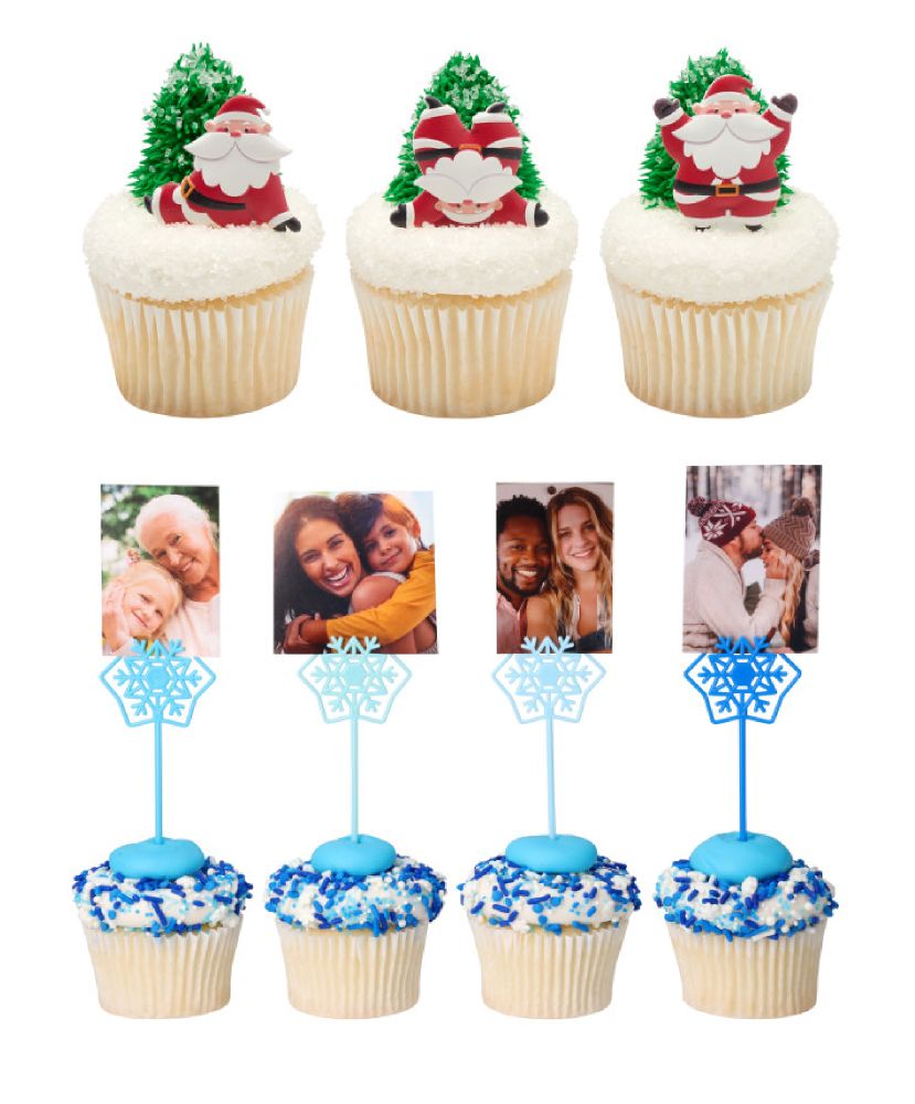 Two retail products of decorative cupcake sticks designed by Zandra Illustration. The first item is a series of cute santa clauses in different poses. The second item is a longer cupcake stick in blue that features a snowflake. This item was designed to also include an ability to be used as a mini photo holder. Both items were designed for Christmas and Winter holiday retail season.