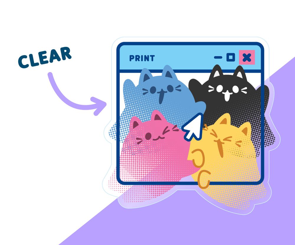 a mockup of a sticker design featuring 4 ghost cats intertwined in a blue computer pop-up frame. the ghosts are each colored like Cyan, Magenta, Yellow, and Black, to simulate the CMYK colors a printer uses. Each ghost also has tapering halftone dots demonstrating that the vinyl sticker's background is clear.