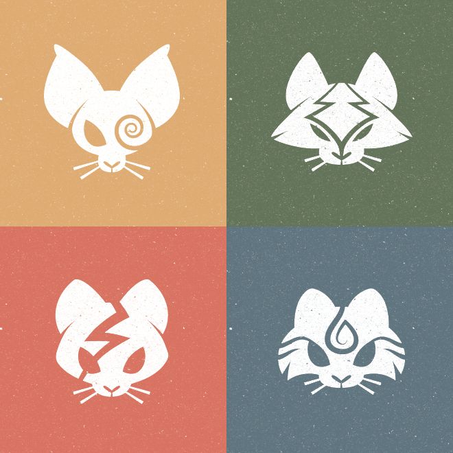 4 white logos on a grid of 4 colored backgrounds with a paper texture. The logos each feature one of the 4 clans from the hit young adult book series warrior cats. Windclan is featured on a yellow background with a siamese-shaped cat head silhouette with a spiral of wind icon replacing an eye. Shadowclan is featured on a deep green background and a cat head silhouette with  pointy cheek fluff, glowering eyes, and a pine tree-style icon on the forehead. Thunderclan is featured on a orange-red background with a smooth cat head silhouette with a thunderbolt running down the forehead and across one eye. Riverclan is featured on a deep blue background with a long-haired cat head silhouette, cheek stripes, and a water drop symbol on the forehead.