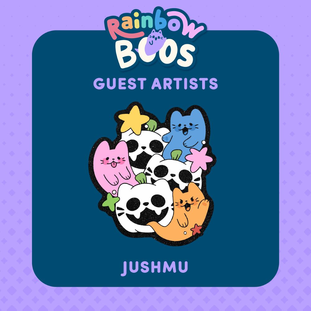 A purple and dark blue graphic advertising a crowdfunding campaign for a collection of colorful ghost enamel pins on the website Backerkit. The text reads "GUEST ARTISTS" and "JUSHMU" and features a glitter sticker design from the aforementioned artist. The sticker features three colorful ghost kitties floating around skull-shaped pumpkin cats.