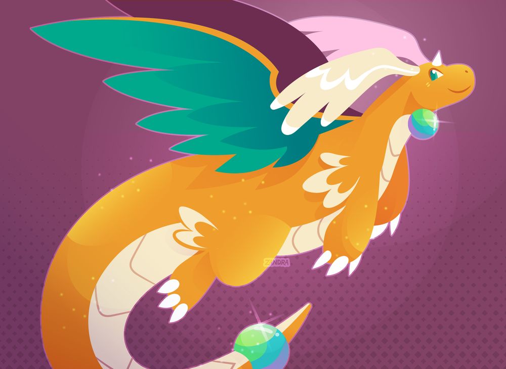 a drawing of an alternative version of the newly revealed Mega Dragonite design for Pokemon Legends ZA. The design stays similar to what was shown with the addition of an orb around the neck and large teal wings.