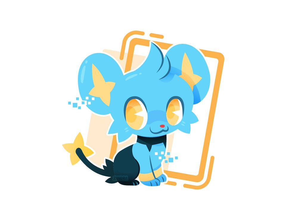 a stylized illustration of the pokemon character Shinx sitting on a white background with yellow shape elements.