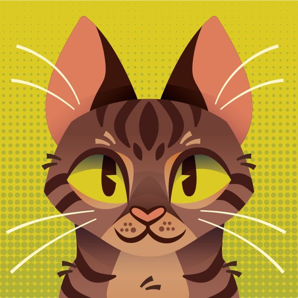 a headshot illustration of a brown tabby cat looking into the camera with a happy expression. the illustration is on a green halftone background.