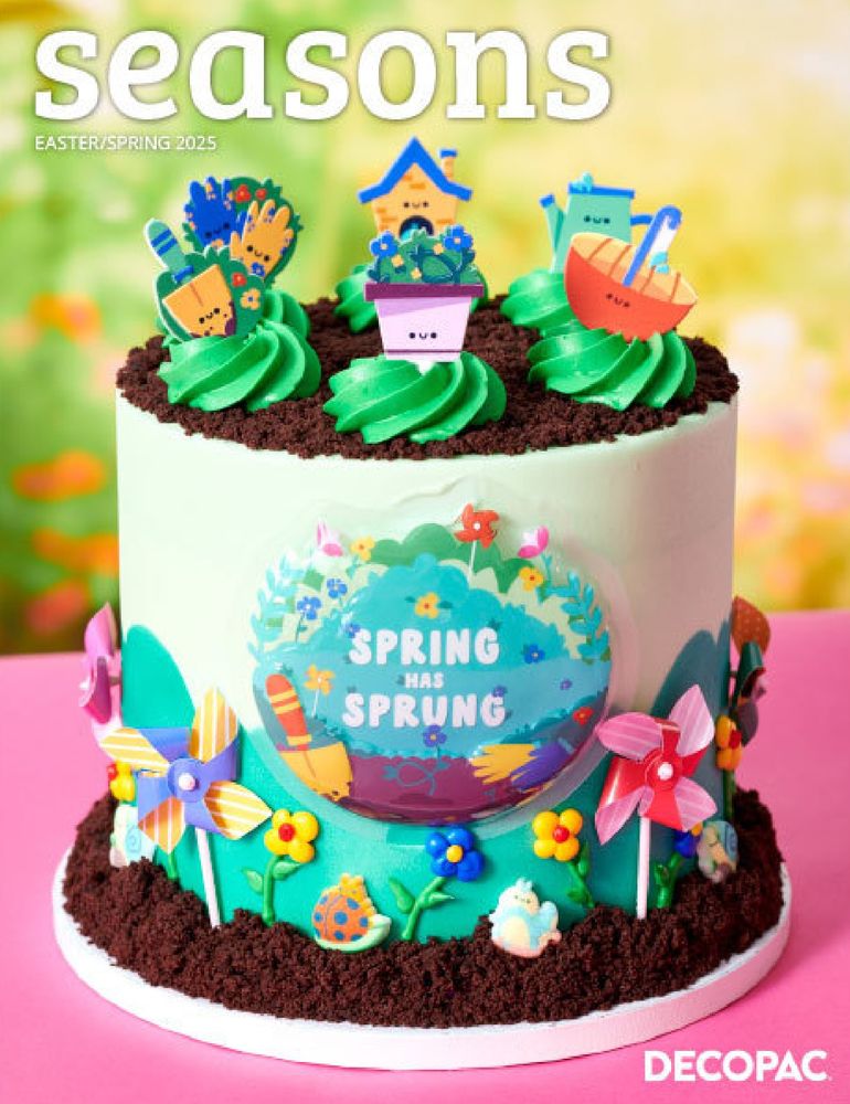 A photo of an ornately decorated cake in a spring theme. The decorations adorning the top and the side of the cake are all various merchandise items designed by Zandra Illustration and sold at stores like Wal-Mart and Kroger.