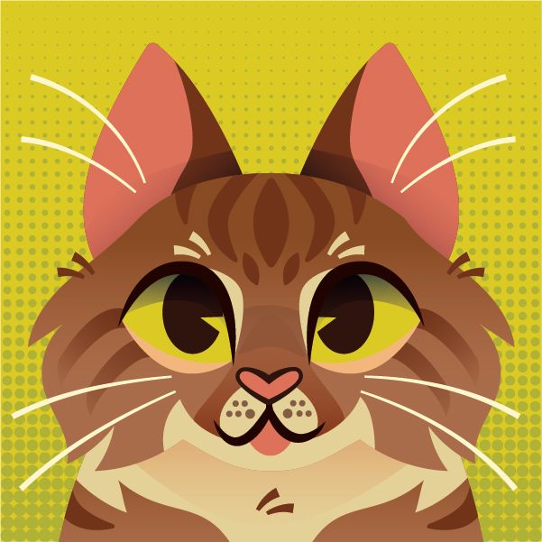 a headshot illustration of a long-haired brownish/orangeish tabby cat looking into the camera with a happy expression and it's tongue sticking out. the illustration is on a green halftone background.