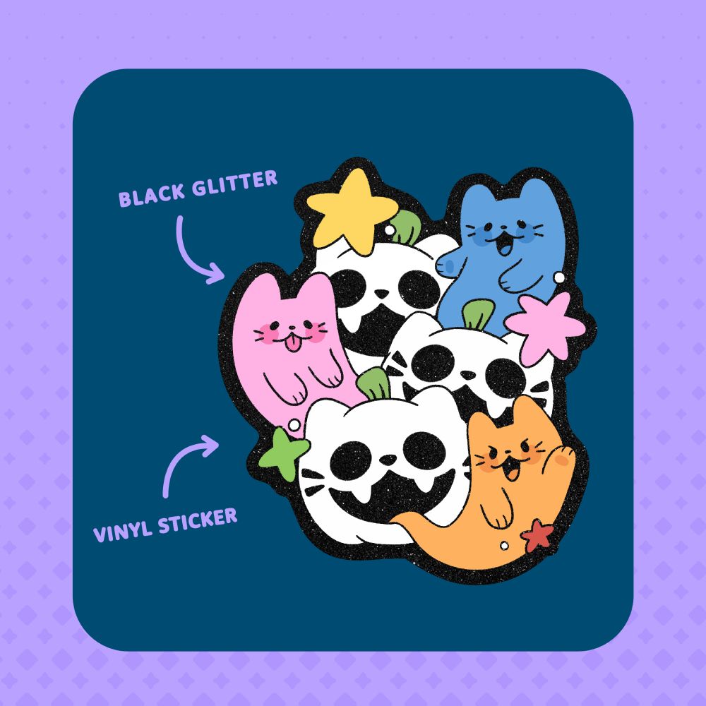 A purple and dark blue graphic advertising a crowdfunding campaign for a collection of colorful ghost enamel pins on the website Backerkit. The text reads "BLACK GLITTER" and "VINYL STICKER" and features a glitter sticker design from the aforementioned artist. The sticker features three colorful ghost kitties floating around skull-shaped pumpkin cats.