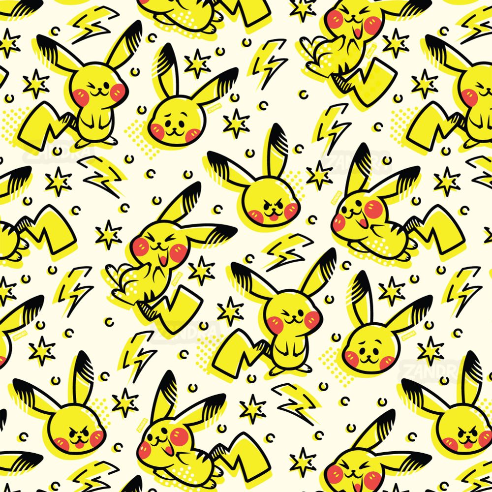a vector pattern drawn by Zandra Illustration featuring the pokemon character pikachu in various poses on an off-white bakcground. 