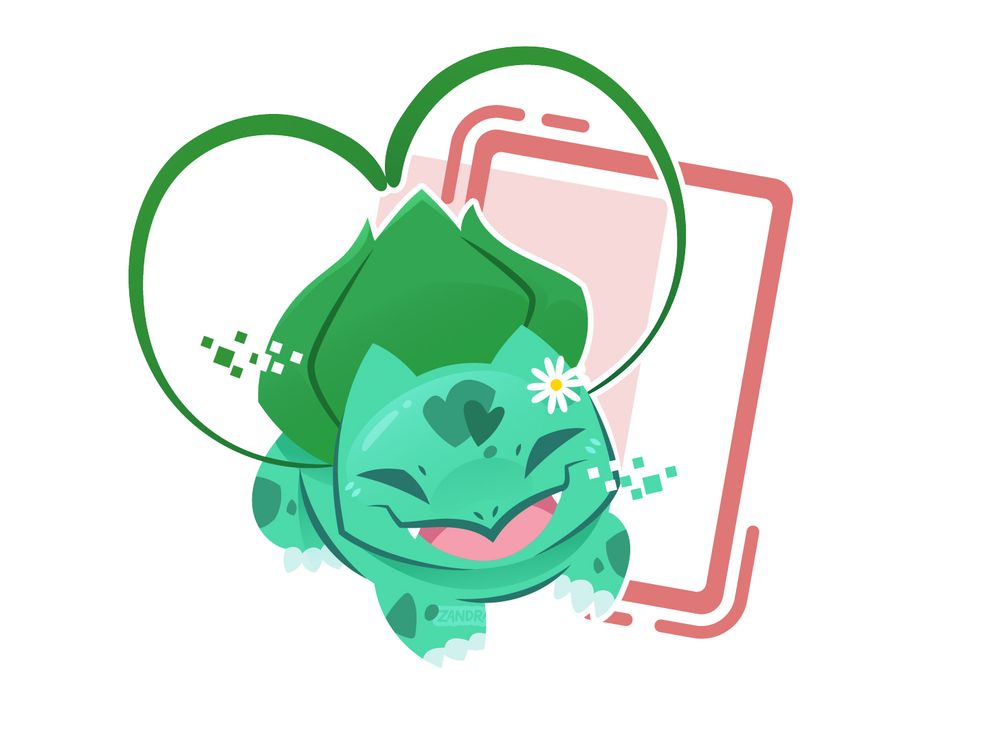 a stylized illustration of the pokemon character Bulbasaur. Her forehead spots are in the shape of hearts and her vines are forming a heart as well. She's wearing a daisy and has a cheerful expression.