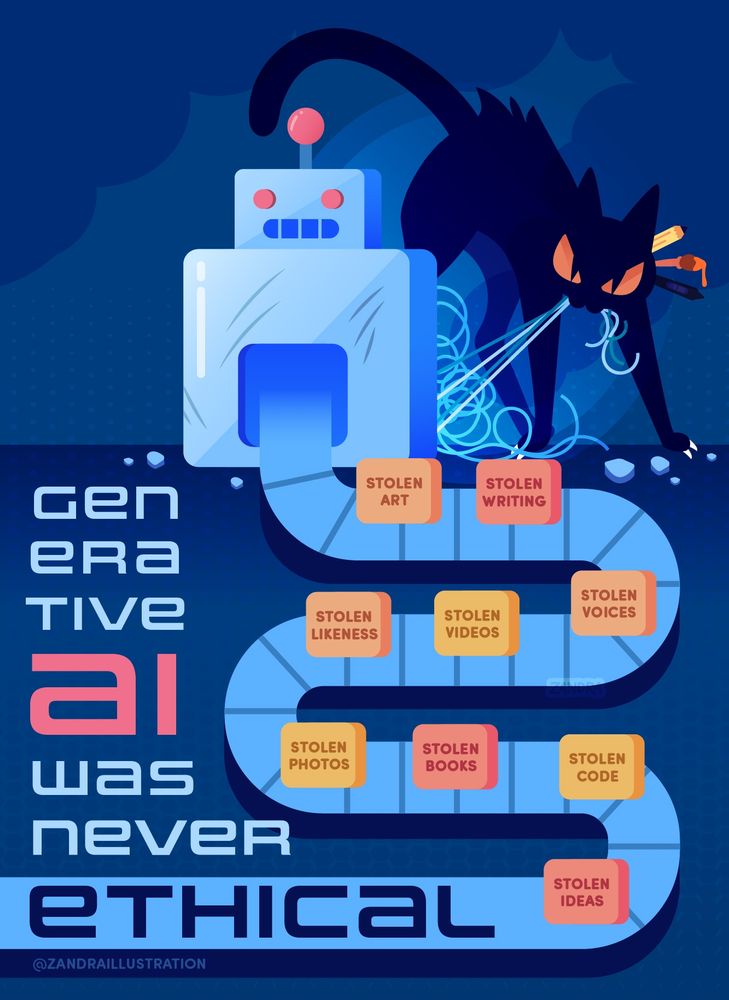 a stylized illustration with the text "generative AI was never ethical". The piece features a black cat pulling cables out of the back of a robot. The robot has a conveyor belt attached to it that is pulling in packages that read "stolen art, stolen writing, stolen voices, stolen videos, stolen likeness, stolen photos, stolen books, stolen code, and stolen ideas." The piece is a reminder that generative ai was built on the backs of real artists, photographers, writers, and everyone else's creative expressions as humans in order to churn out slop to feed back to us.