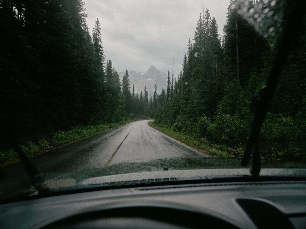 Driving on a random road through the Rockies in the rain. Tall trees line the road that reflects the rain. The photo is taken from inside my car, you can see the dash in the foreground. 