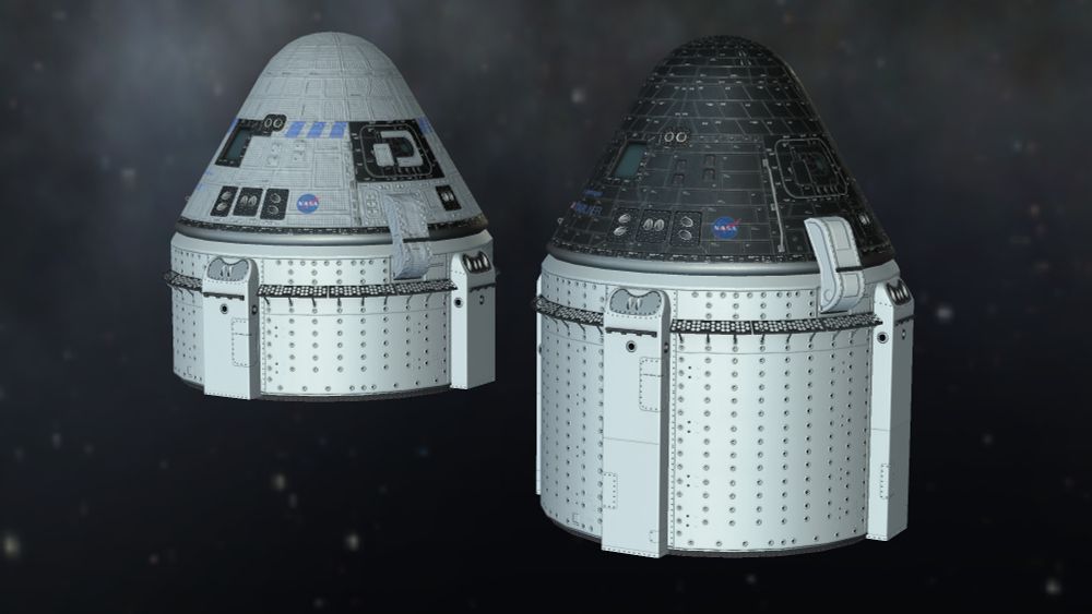 IRL Starliner capsule with short service module and grey blue thermal blankets next to fictional black tile starliner and lengthened service module.