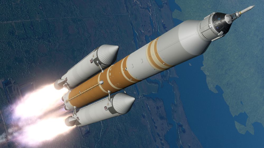 Starliner capsule in Orion inspired black tile configuration and abort tower. Launching on the SLS rocket boosted by Saturn V F1 powered liquid boosters.